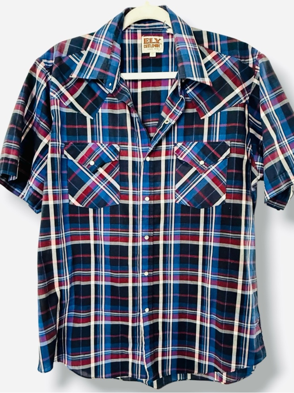 Ely Cattleman Vintage Short-Sleeve Pearl Snap Plaid Western Shirt, Men’s Large